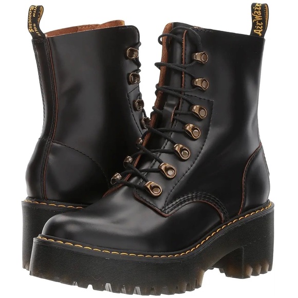 Dr. Martens Shoes - DOC MARTEN LEONA COMBAT BOOTS 7 HOOK PLATFORM BLACK LEATHER VGUC GORGEOUS SIZE 8
